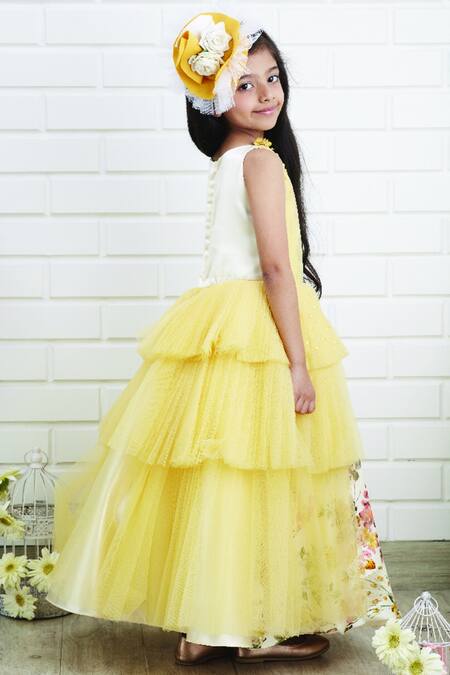 Pinkcow designs pvt ltd_Yellow Georgette Printed Tiered Gown _Online_at_Aza_Fashions