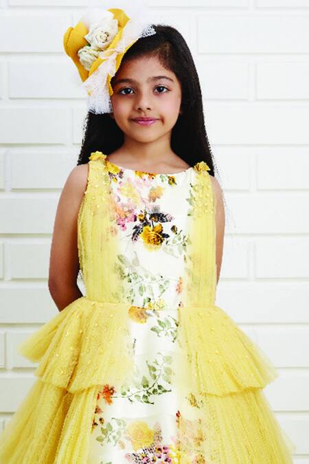 Buy_Pinkcow designs pvt ltd_Yellow Georgette Printed Tiered Gown _Online_at_Aza_Fashions