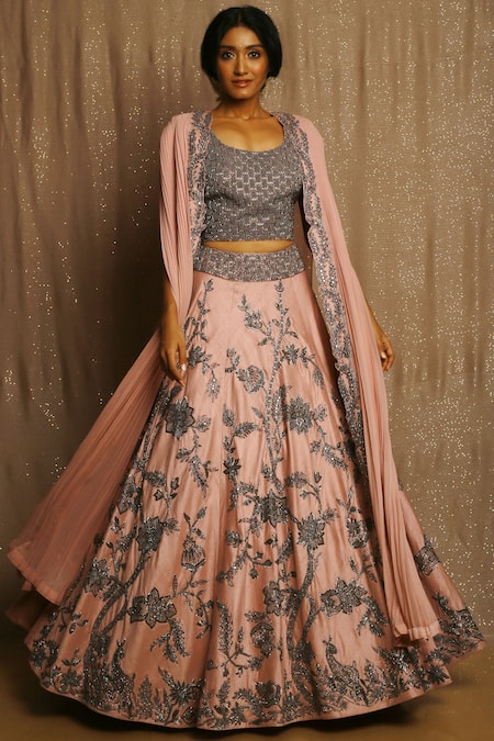 Rishi and Soujit Pink Georgette Round Embroidered Jacket Lehenga Set  