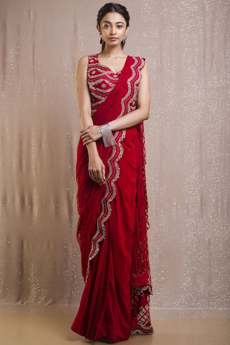 Rishi and Soujit Red Raw Silk Leaf Neck Pre-draped Saree  