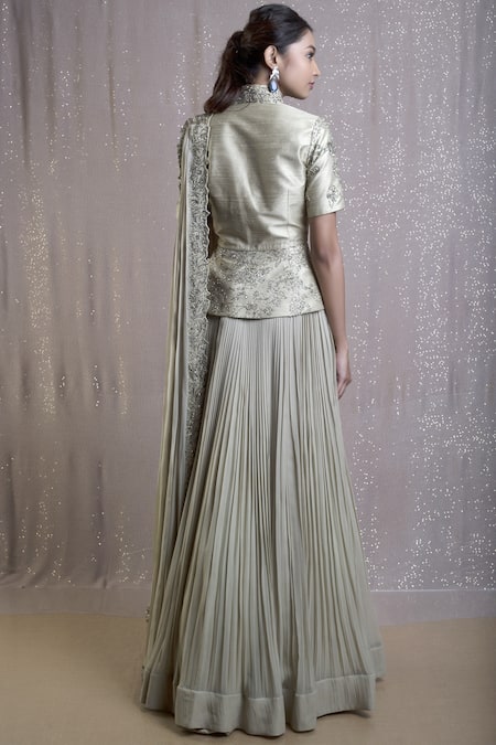 Shop_Rishi And Soujit_Green Raw Silk Mandarin Collar Embroidered Kurta Lehenga Set  _at_Aza_Fashions