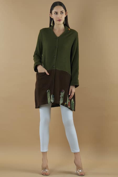 Yavi Green Wool Spread Collar Colorblock Tunic 