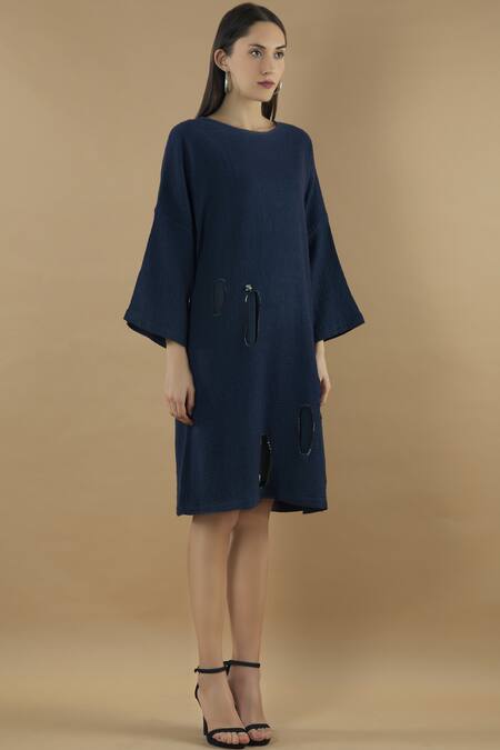 Yavi Blue Wool Round Midi Dress Online at Aza Fashions Yavi_Blue Wool Round Midi Dress _Online_at_Aza_Fashions