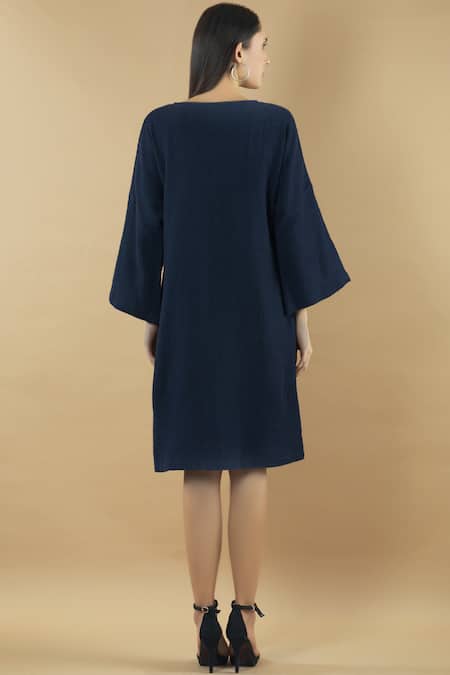 Shop Yavi Blue Wool Round Midi Dress at Aza Fashions Shop_Yavi_Blue Wool Round Midi Dress _at_Aza_Fashions