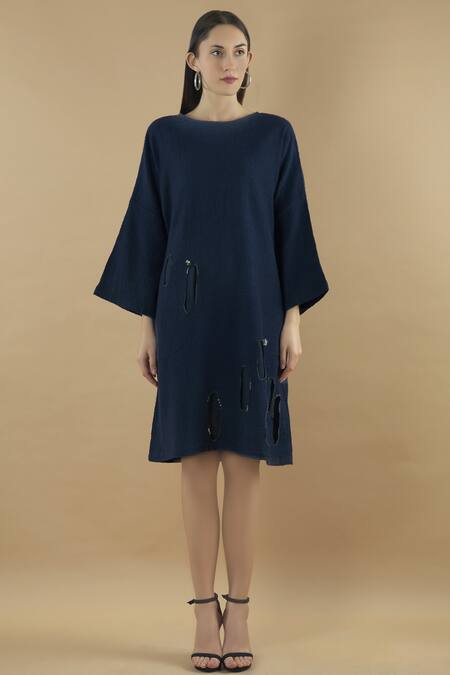 Buy Yavi Blue Wool Round Midi Dress Online at Aza Fashions Buy_Yavi_Blue Wool Round Midi Dress _Online_at_Aza_Fashions