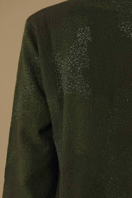 Yavi_Green Wool Band Collar Embroidered Jacket _at_Aza_Fashions