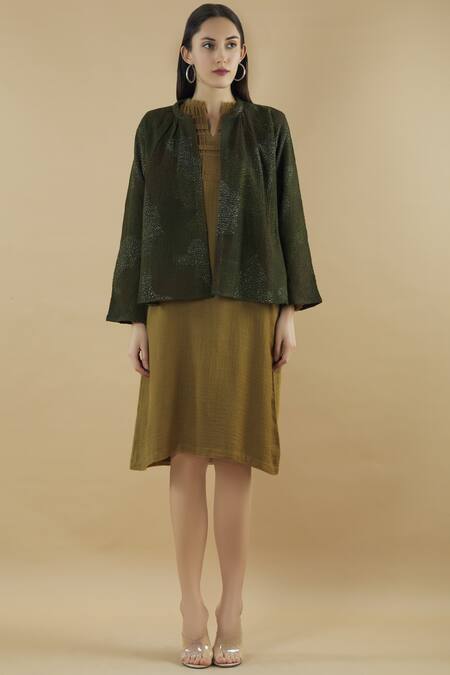 Shop_Yavi_Green Wool Band Collar Embroidered Jacket _Online_at_Aza_Fashions