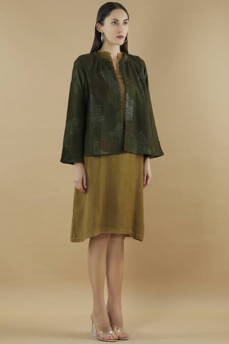 Yavi_Green Wool Band Collar Embroidered Jacket _Online_at_Aza_Fashions