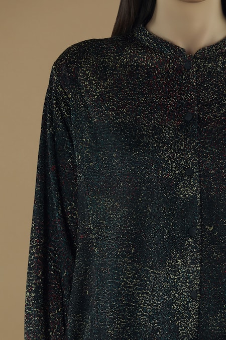 Shop Yavi Black Wool Band Collar Textured Shirt Dress Online at Aza Fashions Shop_Yavi_Black Wool Band Collar Textured Shirt Dress _Online_at_Aza_Fashions