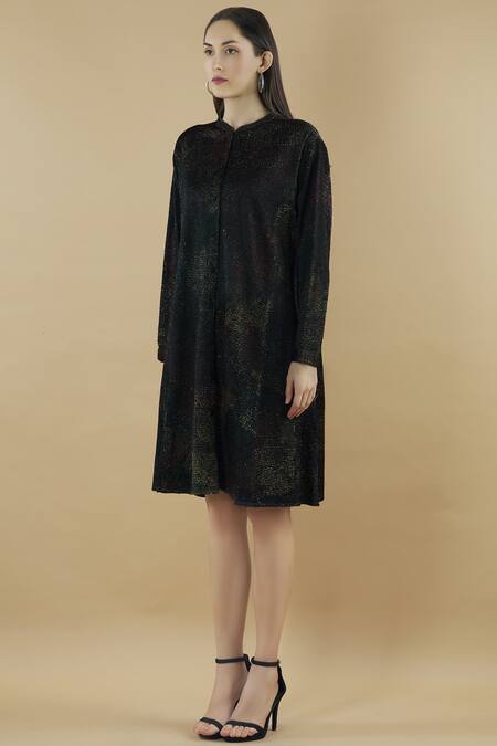 Yavi Black Wool Band Collar Textured Shirt Dress Online at Aza Fashions Yavi_Black Wool Band Collar Textured Shirt Dress _Online_at_Aza_Fashions