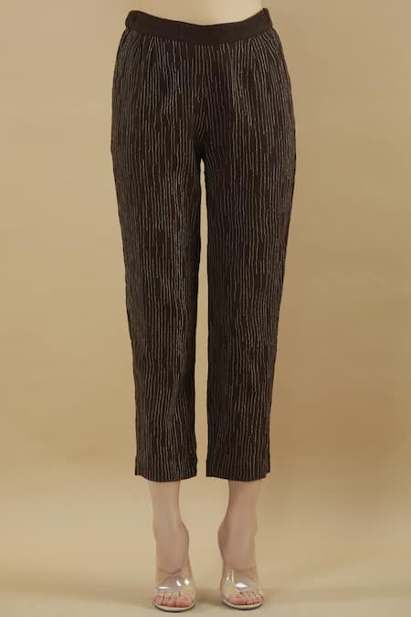 Shop Yavi Brown Wool Embroidered Pants at Aza Fashions Shop_Yavi_Brown Wool Embroidered Pants _at_Aza_Fashions