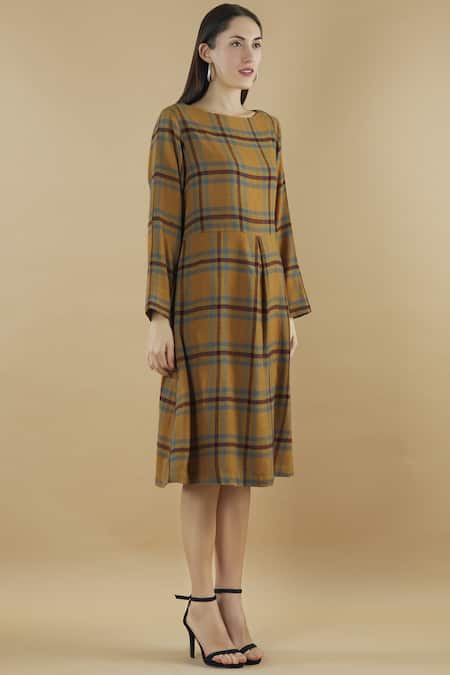 Yavi Yellow Wool Round Checkered Midi Dress Online at Aza Fashions Yavi_Yellow Wool Round Checkered Midi Dress _Online_at_Aza_Fashions