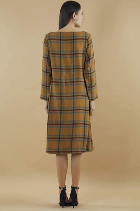 Shop Yavi Yellow Wool Round Checkered Midi Dress at Aza Fashions Shop_Yavi_Yellow Wool Round Checkered Midi Dress _at_Aza_Fashions
