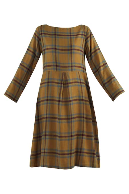 Shop Yavi Yellow Wool Round Checkered Midi Dress Online at Aza Fashions Shop_Yavi_Yellow Wool Round Checkered Midi Dress _Online_at_Aza_Fashions