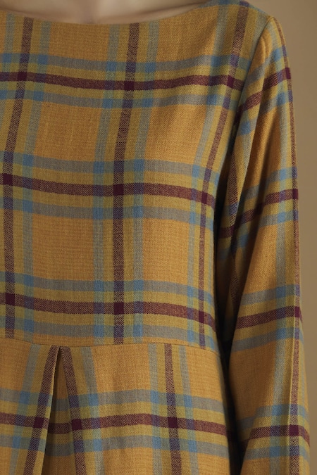 Yavi Yellow Wool Round Checkered Midi Dress at Aza Fashions Yavi_Yellow Wool Round Checkered Midi Dress _at_Aza_Fashions