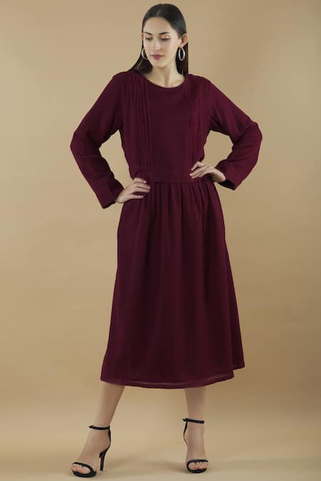 Yavi Purple Wool Round Pleated Midi Dress 