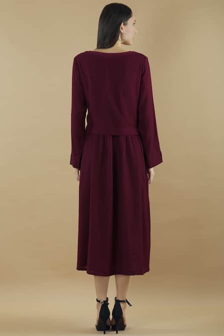 Shop Yavi Purple Wool Round Pleated Midi Dress at Aza Fashions Shop_Yavi_Purple Wool Round Pleated Midi Dress _at_Aza_Fashions