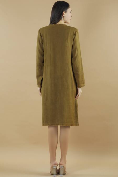 Shop Yavi Green Wool Round Shift Dress at Aza Fashions Shop_Yavi_Green Wool Round Shift Dress _at_Aza_Fashions