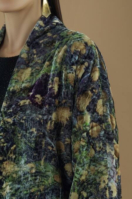 Yavi Multi Color Silk Velvet Long Jacket at Aza Fashions Yavi_Multi Color Silk Velvet Long Jacket _at_Aza_Fashions