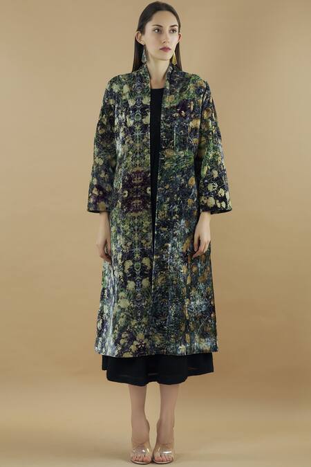 Shop Yavi Multi Color Silk Velvet Long Jacket Online at Aza Fashions Shop_Yavi_Multi Color Silk Velvet Long Jacket _Online_at_Aza_Fashions