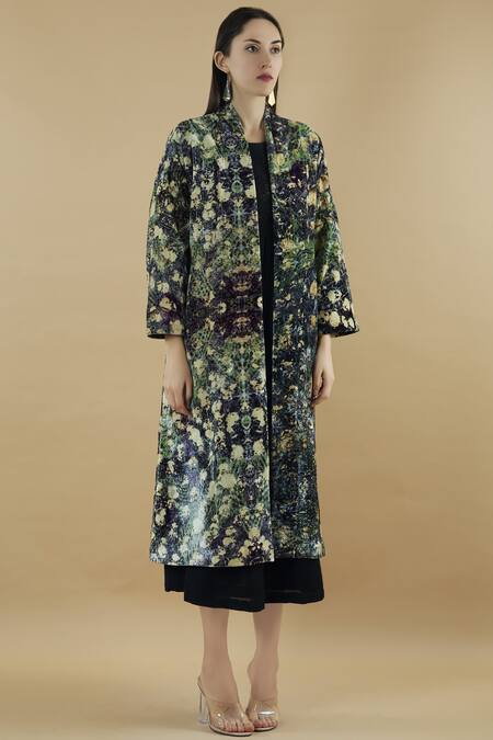 Yavi Multi Color Silk Velvet Long Jacket Online at Aza Fashions Yavi_Multi Color Silk Velvet Long Jacket _Online_at_Aza_Fashions