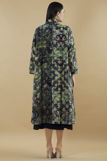 Shop Yavi Multi Color Silk Velvet Long Jacket at Aza Fashions Shop_Yavi_Multi Color Silk Velvet Long Jacket _at_Aza_Fashions