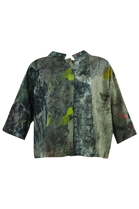 Shop Yavi Green Silk Mandarin Collar Pintuck Top Online at Aza Fashions Shop_Yavi_Green Silk Mandarin Collar Pintuck Top _Online_at_Aza_Fashions