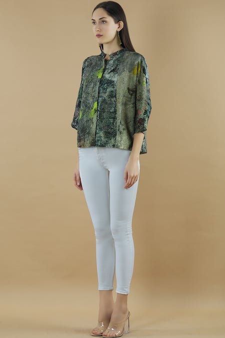 Buy Yavi Green Silk Mandarin Collar Pintuck Top Online at Aza Fashions Buy_Yavi_Green Silk Mandarin Collar Pintuck Top _Online_at_Aza_Fashions