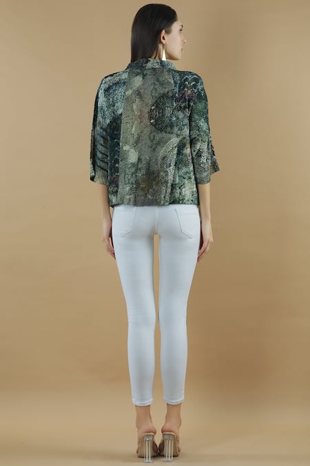 Shop Yavi Green Silk Mandarin Collar Pintuck Top at Aza Fashions Shop_Yavi_Green Silk Mandarin Collar Pintuck Top _at_Aza_Fashions