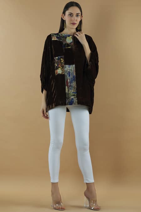 Yavi Brown Silk Round Embroidered Blouse 