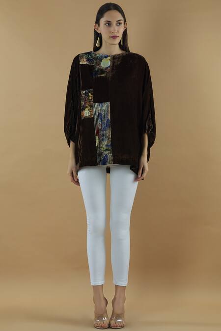 Shop Yavi Brown Silk Round Embroidered Blouse Online at Aza Fashions Shop_Yavi_Brown Silk Round Embroidered Blouse _Online_at_Aza_Fashions