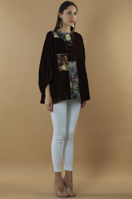 Yavi Brown Silk Round Embroidered Blouse Online at Aza Fashions Yavi_Brown Silk Round Embroidered Blouse _Online_at_Aza_Fashions