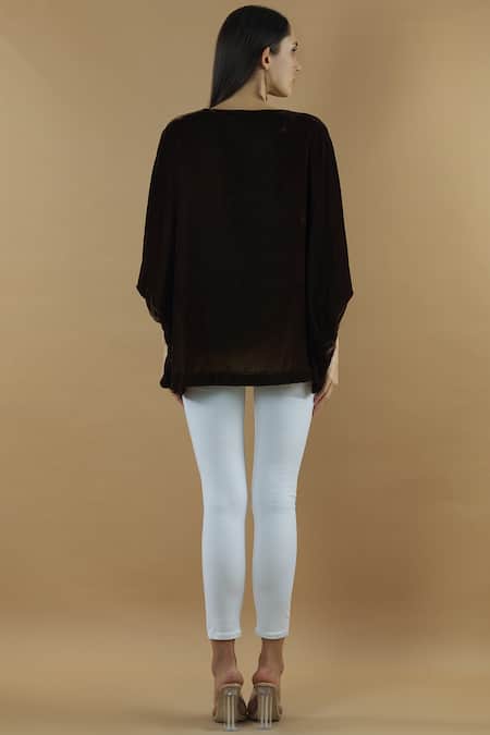 Shop Yavi Brown Silk Round Embroidered Blouse at Aza Fashions Shop_Yavi_Brown Silk Round Embroidered Blouse _at_Aza_Fashions