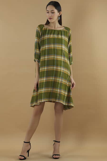 Yavi Green Wool Round Checkered Short Dress  