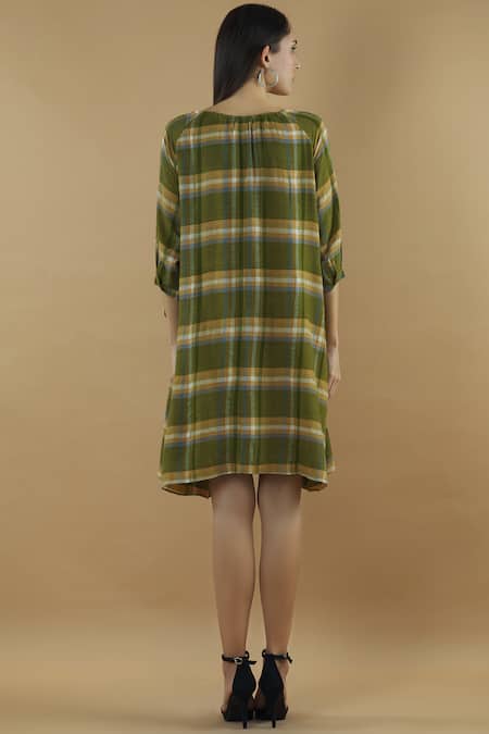 Shop Yavi Green Wool Round Checkered Short Dress at Aza Fashions Shop_Yavi_Green Wool Round Checkered Short Dress _at_Aza_Fashions