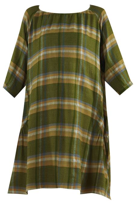 Shop Yavi Green Wool Round Checkered Short Dress Online at Aza Fashions Shop_Yavi_Green Wool Round Checkered Short Dress _Online_at_Aza_Fashions