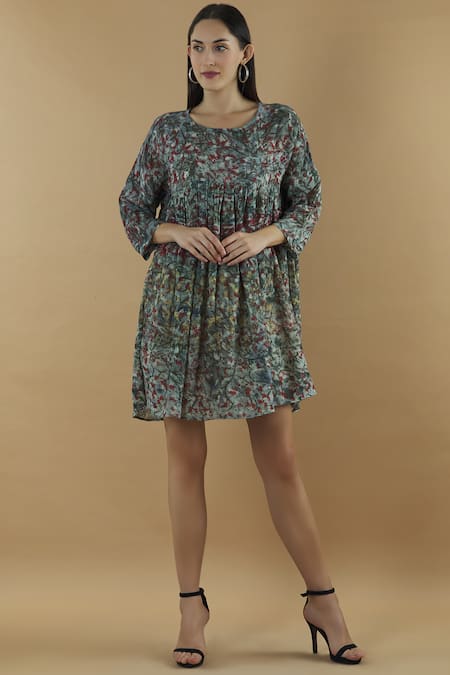 Yavi Multi Color Wool Round Printed Short Dress 