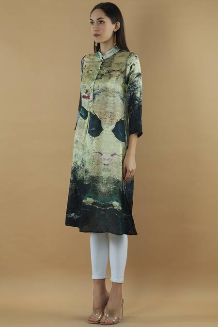 Buy_Yavi_Green Silk Mandarin Collar Printed Tunic _Online_at_Aza_Fashions