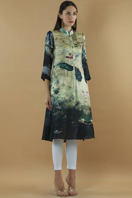 Yavi_Green Silk Mandarin Collar Printed Tunic _Online_at_Aza_Fashions