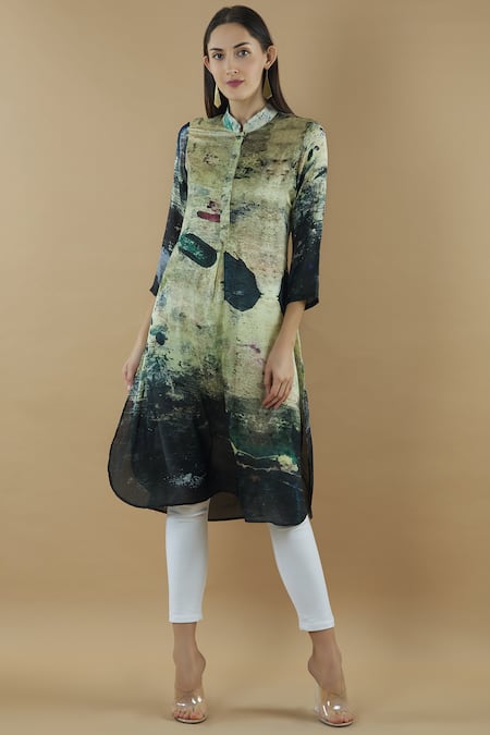 Yavi Green Silk Mandarin Collar Printed Tunic 