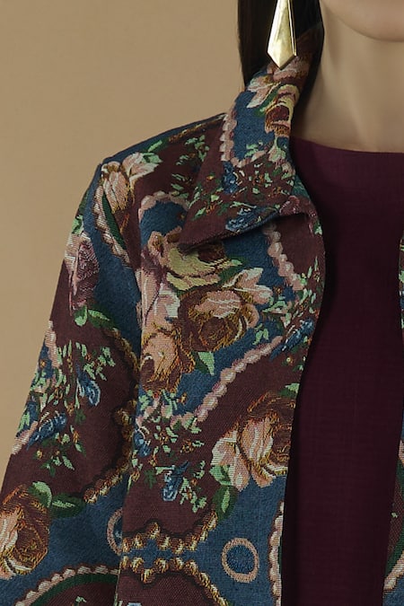 Buy_Yavi_Blue Cotton Spread Collar Floral Print Jacket _Online_at_Aza_Fashions