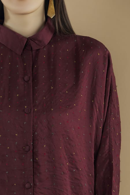 Yavi Purple Silk Spread Collar Embroidered Shirt at Aza Fashions Yavi_Purple Silk Spread Collar Embroidered Shirt _at_Aza_Fashions