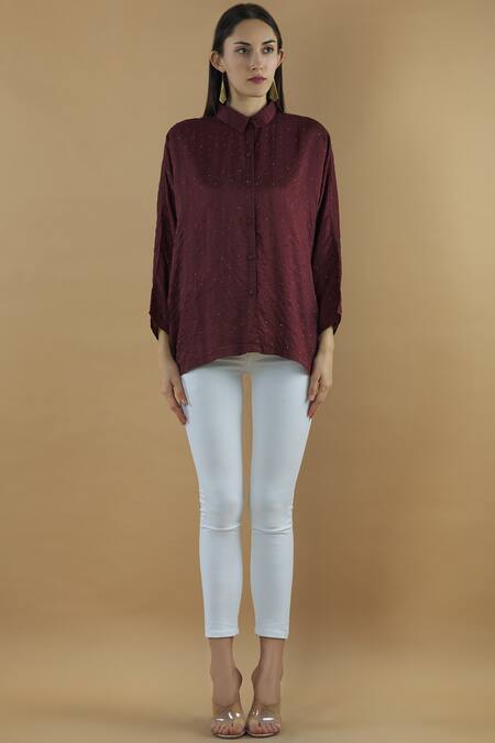 Shop Yavi Purple Silk Spread Collar Embroidered Shirt Online at Aza Fashions Shop_Yavi_Purple Silk Spread Collar Embroidered Shirt _Online_at_Aza_Fashions