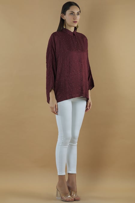 Yavi Purple Silk Spread Collar Embroidered Shirt Online at Aza Fashions Yavi_Purple Silk Spread Collar Embroidered Shirt _Online_at_Aza_Fashions