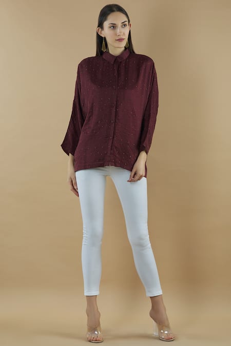 Yavi Purple Silk Spread Collar Embroidered Shirt 