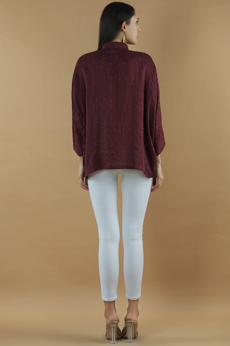 Shop Yavi Purple Silk Spread Collar Embroidered Shirt at Aza Fashions Shop_Yavi_Purple Silk Spread Collar Embroidered Shirt _at_Aza_Fashions