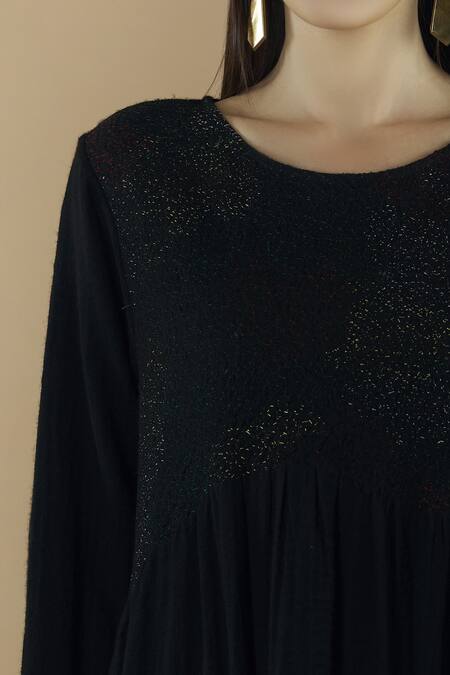 Yavi_Black Wool Round Flared Midi Dress _at_Aza_Fashions