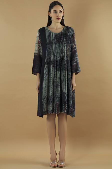 Shop_Yavi_Black Wool Round Pintuck Flared Dress  _Online_at_Aza_Fashions