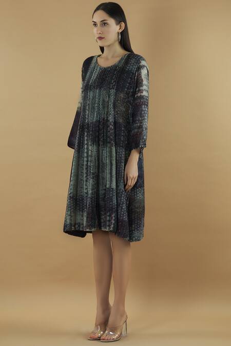 Buy_Yavi_Black Wool Round Pintuck Flared Dress  _Online_at_Aza_Fashions