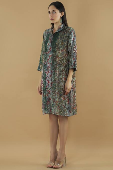 Buy_Yavi_Multi Color Wool Spread Collar Printed Shirt Dress _Online_at_Aza_Fashions